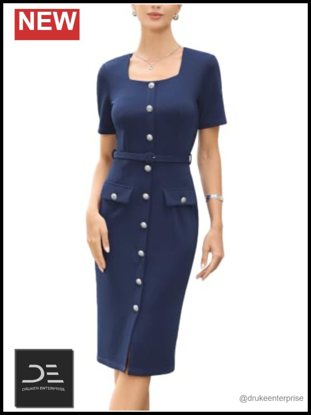 Women's Sheath Dress Button Down Business Office Belted Work